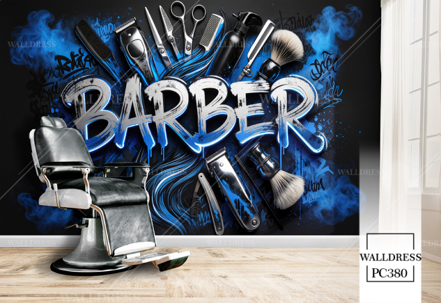 پوستر دیواری آرایشگاه مردانه با نوشته Barber و ابزار پیرایش آبی
