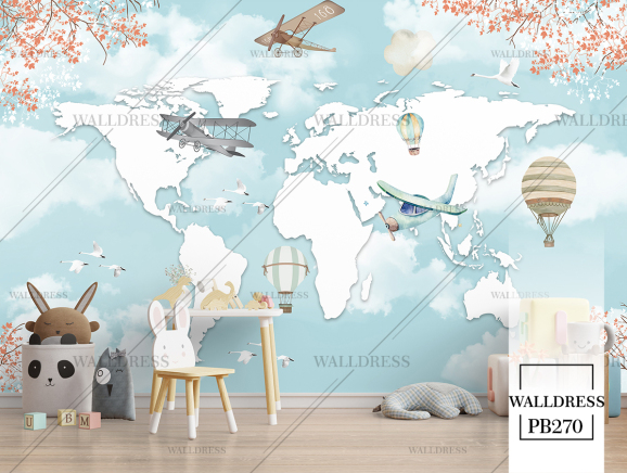پوستر دیواری طرح نقشه جهان همراه هواپیما وبالن بچگانه