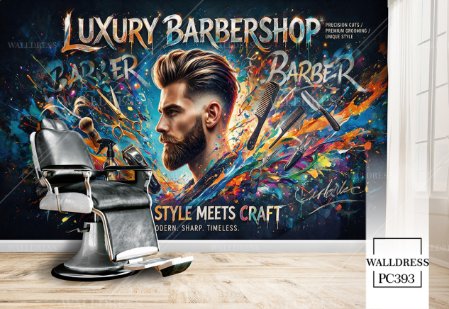 پوستر دیواری آرایشگاه مردانه با تصویر آرایشگر و نوشته Luxury Barbershop
