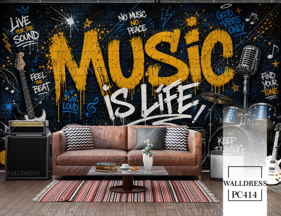نوشته music is life روی دیوار گرافیتی
