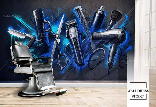 پوستر دیواری آرایشگاه مردانه با طرح ابزار اصلاح و نوشته Barber