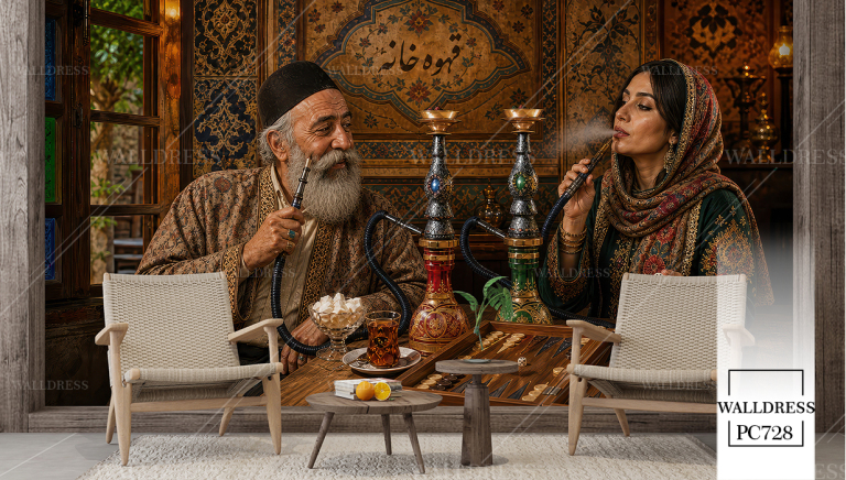 پوستر دیواری قلیان کشیدن پیرمرد و زن در قهوه خانه