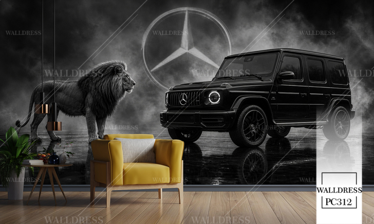 پوستر دیواری مرسدس بنز G-Class مشکی در کنار شیر