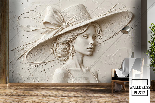 پوستر دیواری برای آراشگاه زنانه طرح زن کلاه دار کچی کرم