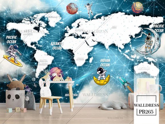 پوستر دیواری نقشه جهان کهکشان و فضانورد کودک