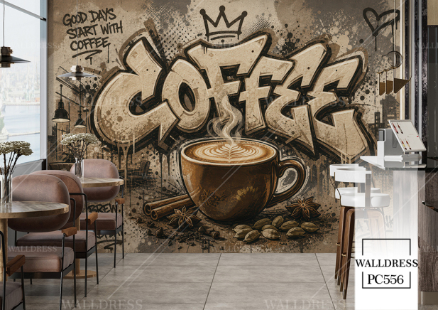 پوستر دیواری فنجانه قهوه لاته با نوشته Coffee